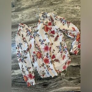 LOFT White Floral Blouse with Red and Pink Flowers